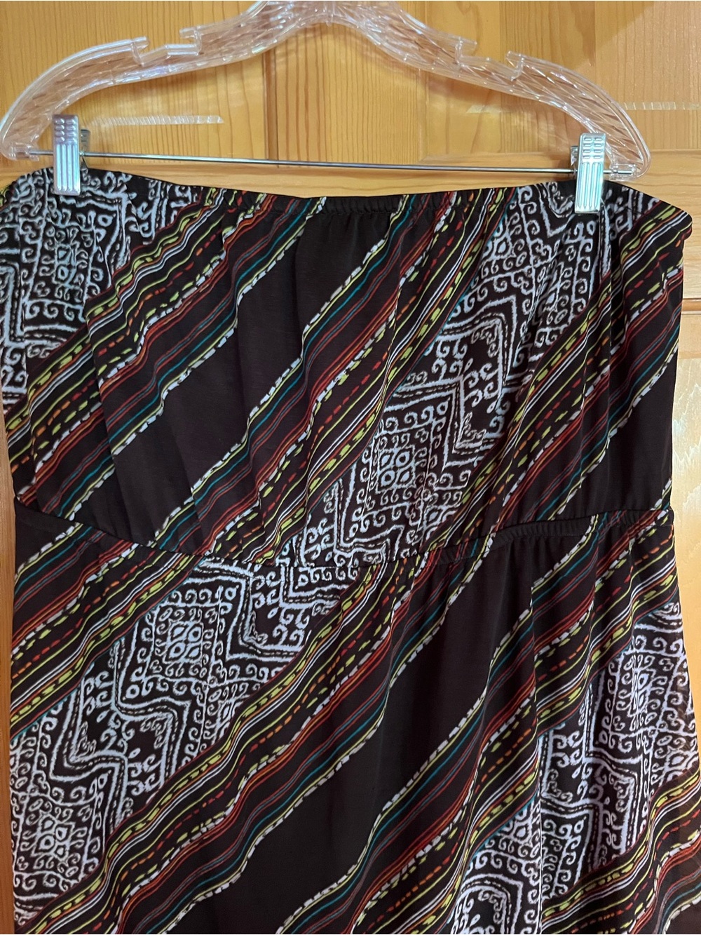 Brown Multi-Stripe Patterned Asymmetric Strapless Dress